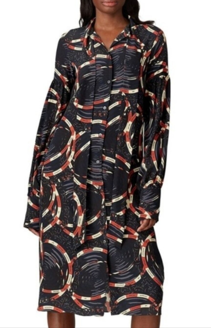 ROKH 100% Silk Button Front Shirt Dress With Scarf Frill  And Long Sleeves Midi